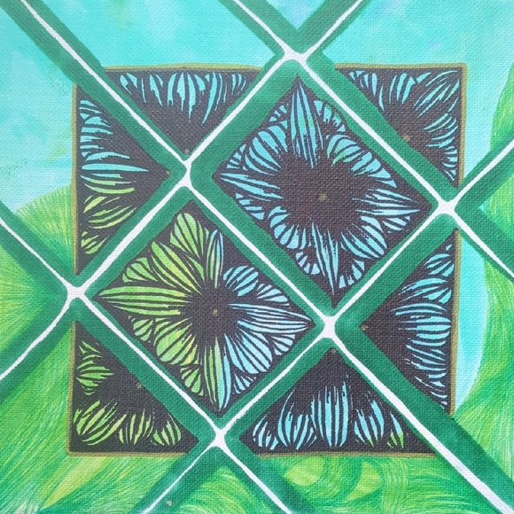 Handmade Other - Handmade Abstract Green Gold and Blue Zentangle Watercolor Boho Canvas Art